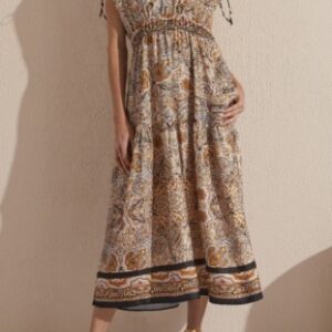 BORDER PRINT MAXI DRESS W/ SHLDR TIE